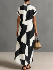 Cotton-Linen Geometric Print Short-Sleeve Maxi Shirt Dress