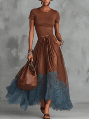 Brown-Blue Lace Tulle Skirt Set