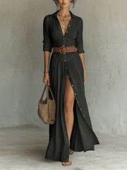 Women's Long Maxi Dress with Notched Collar and Long Sleeves