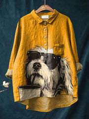 Cute Animal Sunglasses Coffee Dog Art Animal Vintage Print Casual Cotton And Linen Shirt