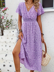 Women's Floral Printed Butterfly Sleeve Thigh-High Slit Dress