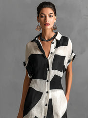 Cotton-Linen Geometric Print Short-Sleeve Maxi Shirt Dress