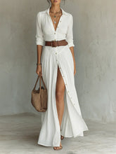 Women's Long Maxi Dress with Notched Collar and Long Sleeves