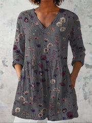 Women's Flowers Art Print Casual Linen V-neck Shirt