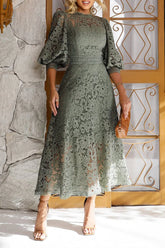 Lantern Sleeve Lace Hollow Midi Dress