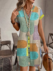 Women's Summer Printed Elegant V-Neck Button Dress