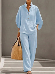 Mariel | Cotton Linen Batwing Sleeve Wide Leg Pants Set