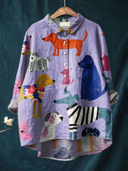 Women's Dog Art Print Casual Cotton And Linen Shirt