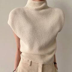Women's sleeveless turtleneck sweater with ribbed detail