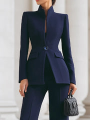 Navy Blue Suit with High Collar Blazer and Wide Leg Pants
