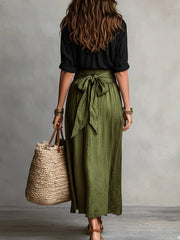 Women's Two-Piece Set: Black Top and Olive Green Midi Skirt