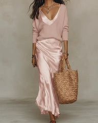 Women's Midi Satin Dress with Included Sweater