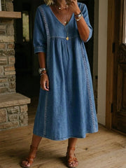Women’s Lace Trim Denim Dress – Casual Loose Fit Vintage Denim Dress
