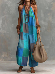 Women's Plaid-print Casual Loose Halter-neck Cotton-linen Wide-leg Jumpsuit