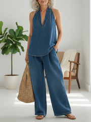 Lena - Relaxed Halter Denim Lounge Set