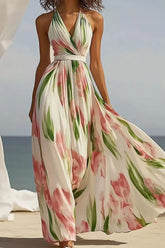 Everyday Beige Chiffon Floral Print Halter Wrap Maxi Dress