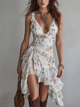 Women's Retro Floral V-Neck Spaghetti Strap Mini Dress