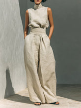 Maria - Women's Minimalist Cotton and Linen Tank Top & Wide-Leg Pants Set