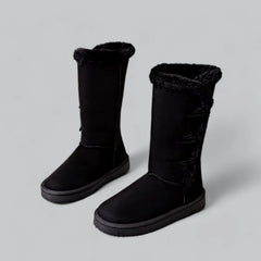 Women's casual mid-high snow boots with flat heel and horn buckle