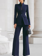 Navy Blue Suit with High Collar Blazer and Wide Leg Pants