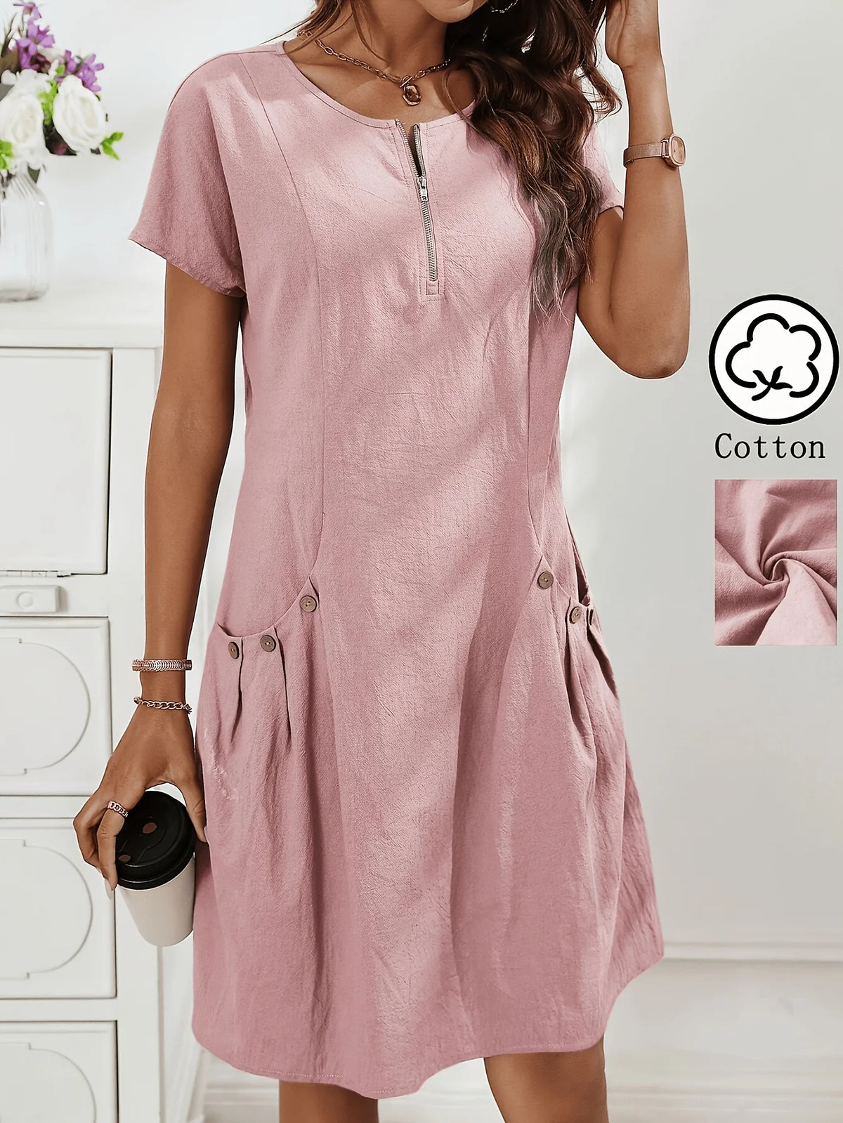 Women's Zipper Double-Pocket Summer Casual Dress