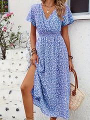 Women's Floral Printed Butterfly Sleeve Thigh-High Slit Dress