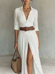 Women's Long Maxi Dress with Notched Collar and Long Sleeves
