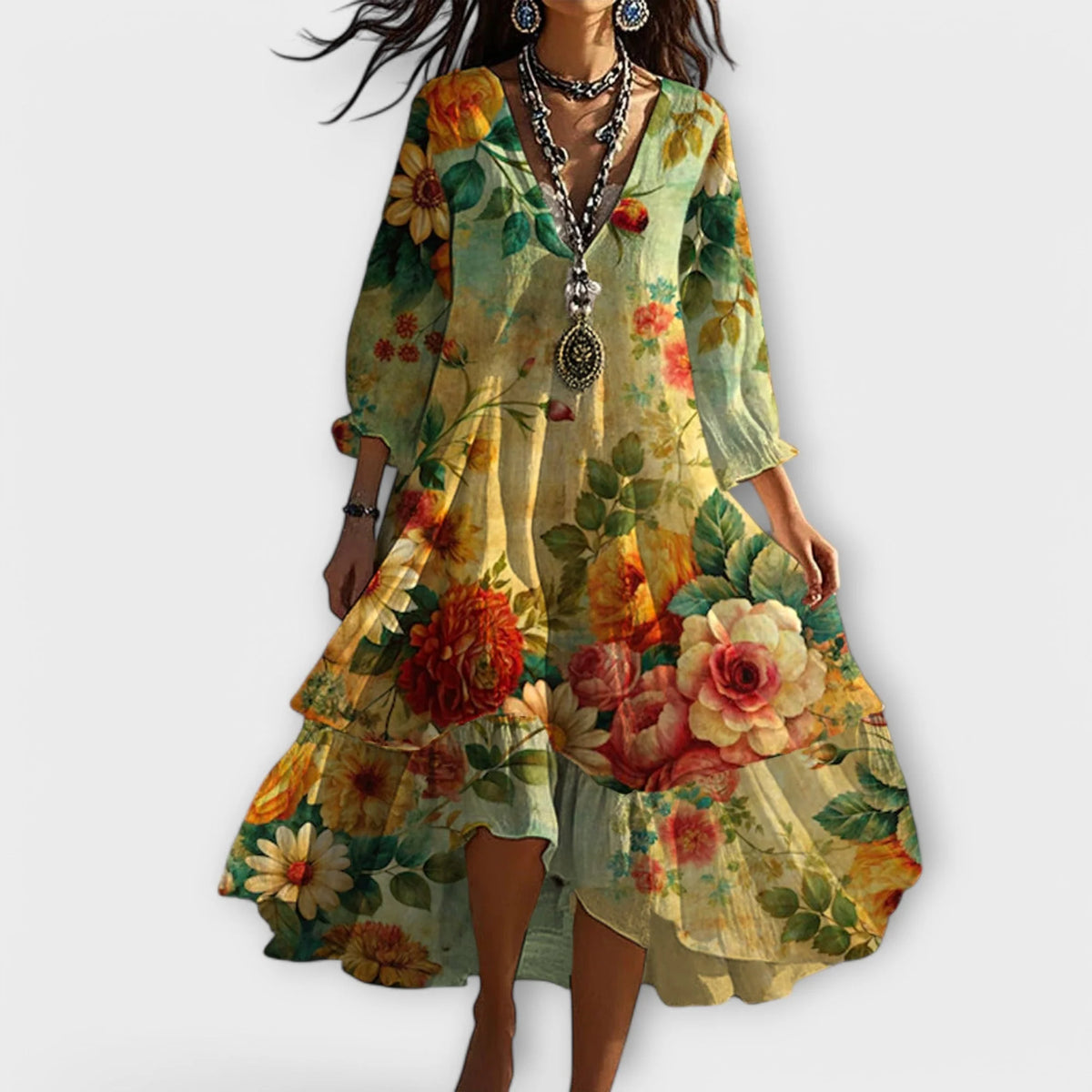 Marina | Stylish Floral V-Neck Midi Dress