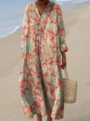 Women's Vintage Lovely Floral Art Print Cotton Linen Dress