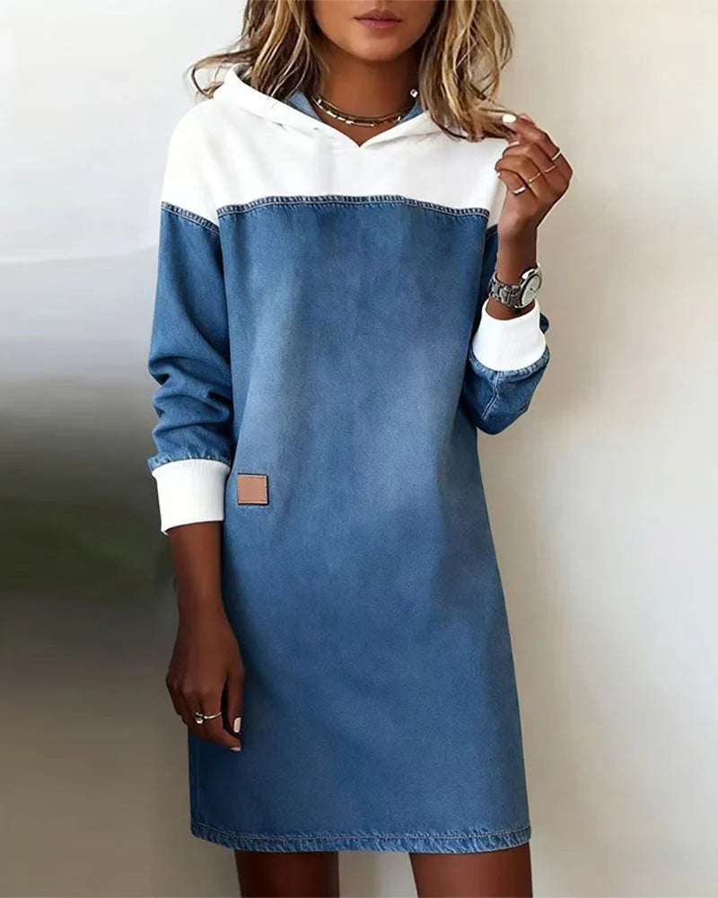 Denim Patchwork Hooded Dress with Dropped Shoulders