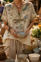 Boho Dragonfly Embroidered Linen Blouse