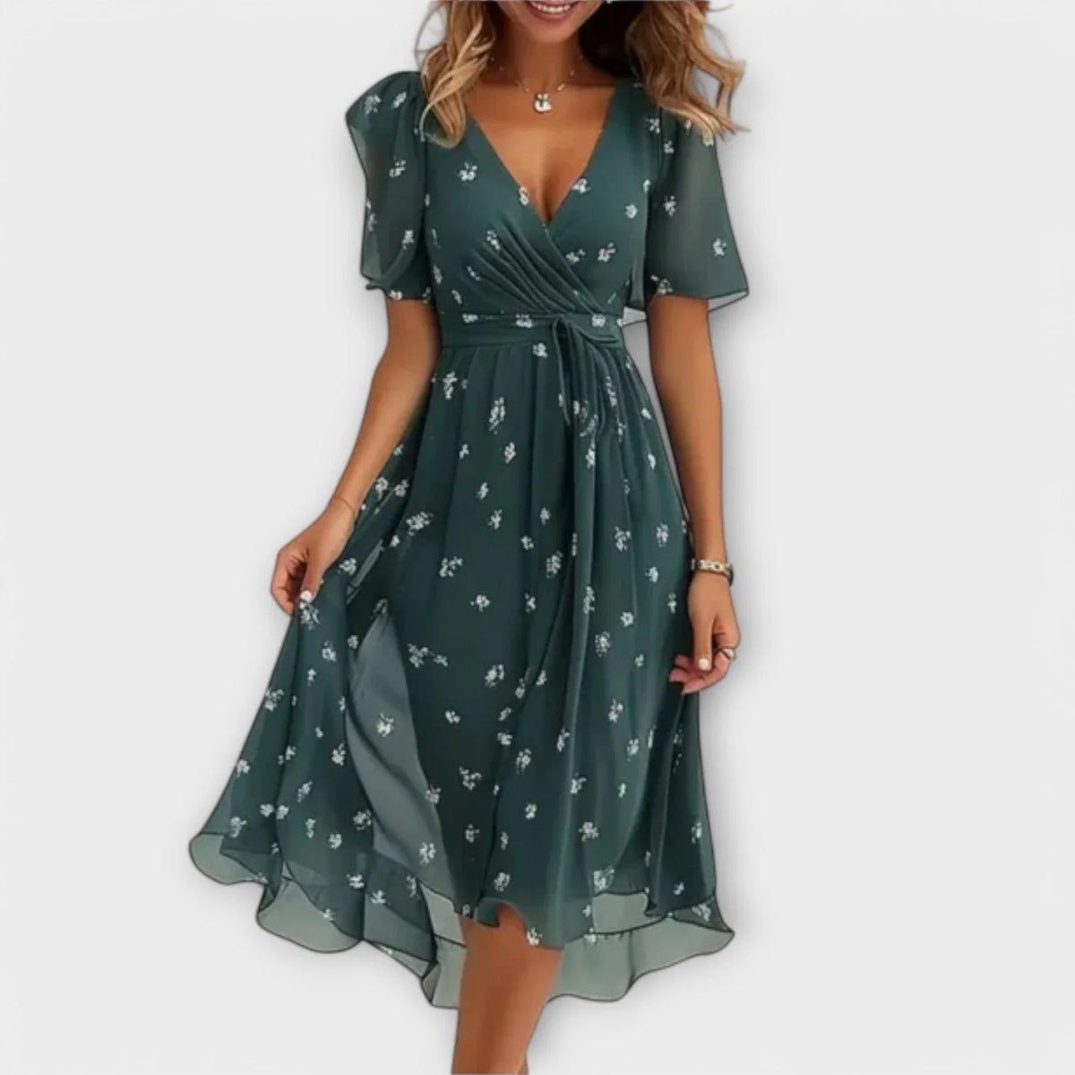 Annegret | Floral V-Neck Wrap Midi Dress