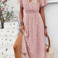 Women's Floral Printed Butterfly Sleeve Thigh-High Slit Dress
