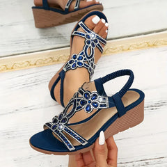 CRISTINA – Women’s Wedge Sandals with Floral Rhinestones