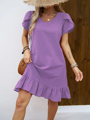 Women's V-Neck Shell Sleeve Ruffle Dress