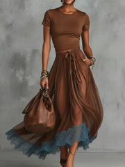 Brown-Blue Lace Tulle Skirt Set