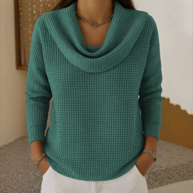 Amber - Warm Waffle Sweater With Elegant Waterfall Neck