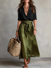 Women's Two-Piece Set: Black Top and Olive Green Midi Skirt