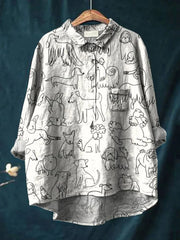 Women's Simple Black and White Line Puppy Print Casual Cotton And Linen Shirt