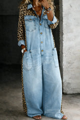 Amanda - Leopard Contrast Wide-Leg Denim Jumpsuit