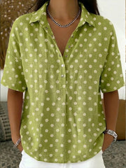 Women's Casual Polka Dots Polo Collar Short-sleeved Linen And Cotton Shirt