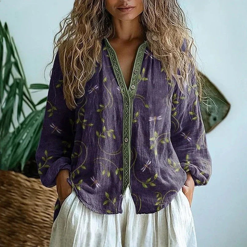 Women's Elegant Vintage Leaf Print Shirt
