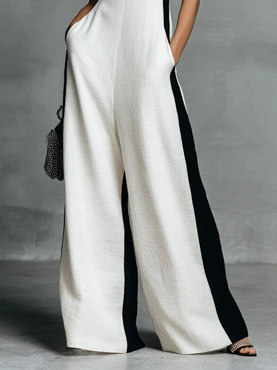 Black-White Color Block Spaghetti Strap Jumpsuit