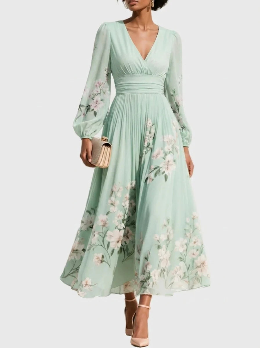 Women's Pleated Dress with V-Neck