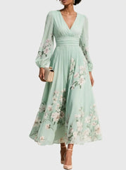 Women's Pleated Dress with V-Neck