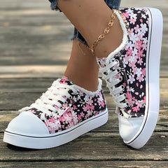 Women's Floral Printed Slip On Lace Up Canvas Sneakers