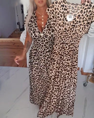 Women's Printed V-Neck Leopard Print Maxi Dress