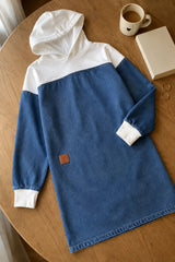Denim Patchwork Hooded Dress with Dropped Shoulders