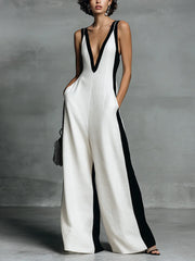 Black-White Color Block Spaghetti Strap Jumpsuit