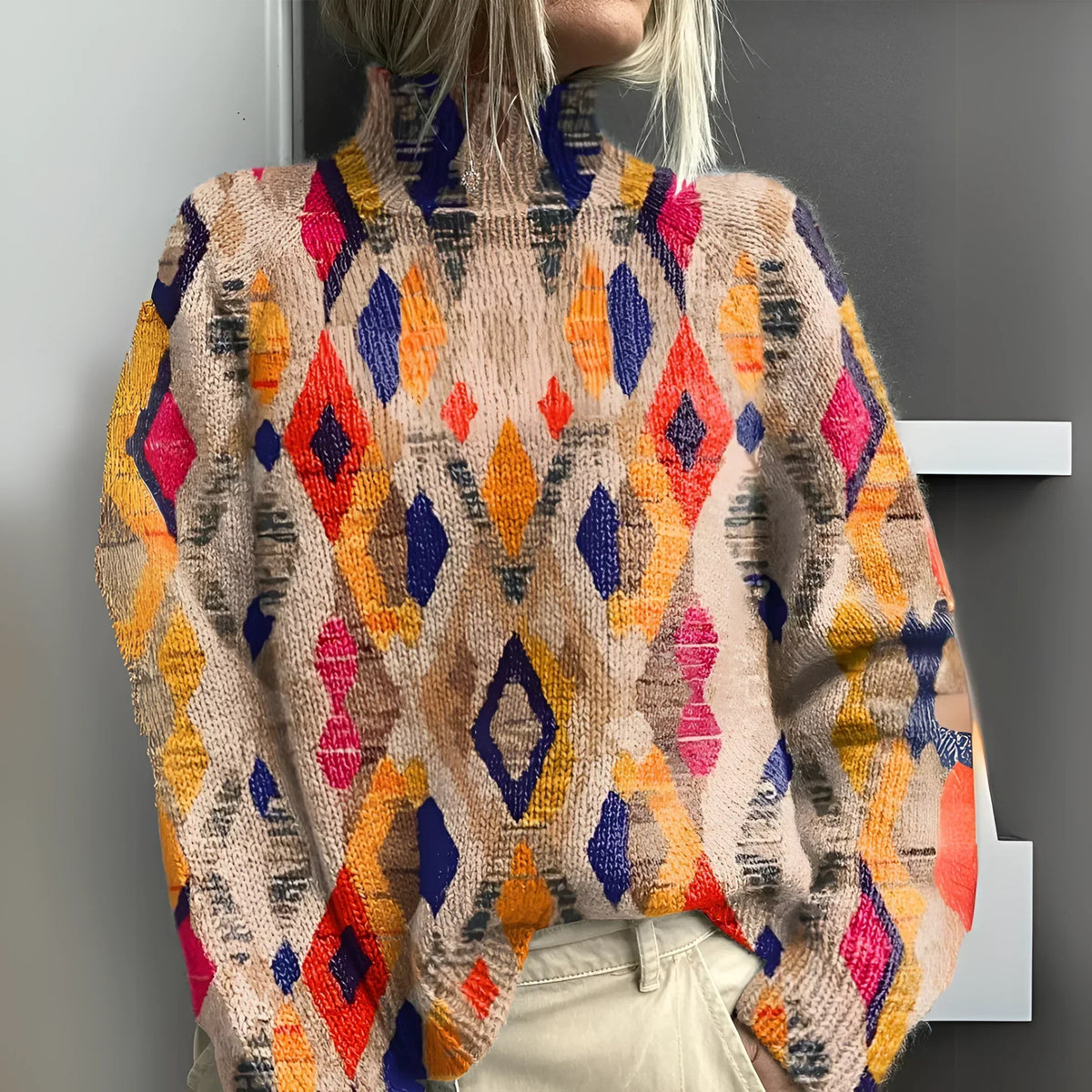 Fenna - Knitted Sweater with Geometric Diamond Pattern